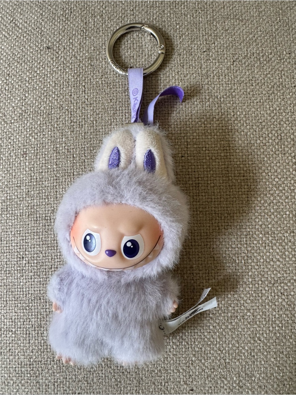 Labubu Mini Classic Plush Bunny Keychain - Light Gray with Purple Accents